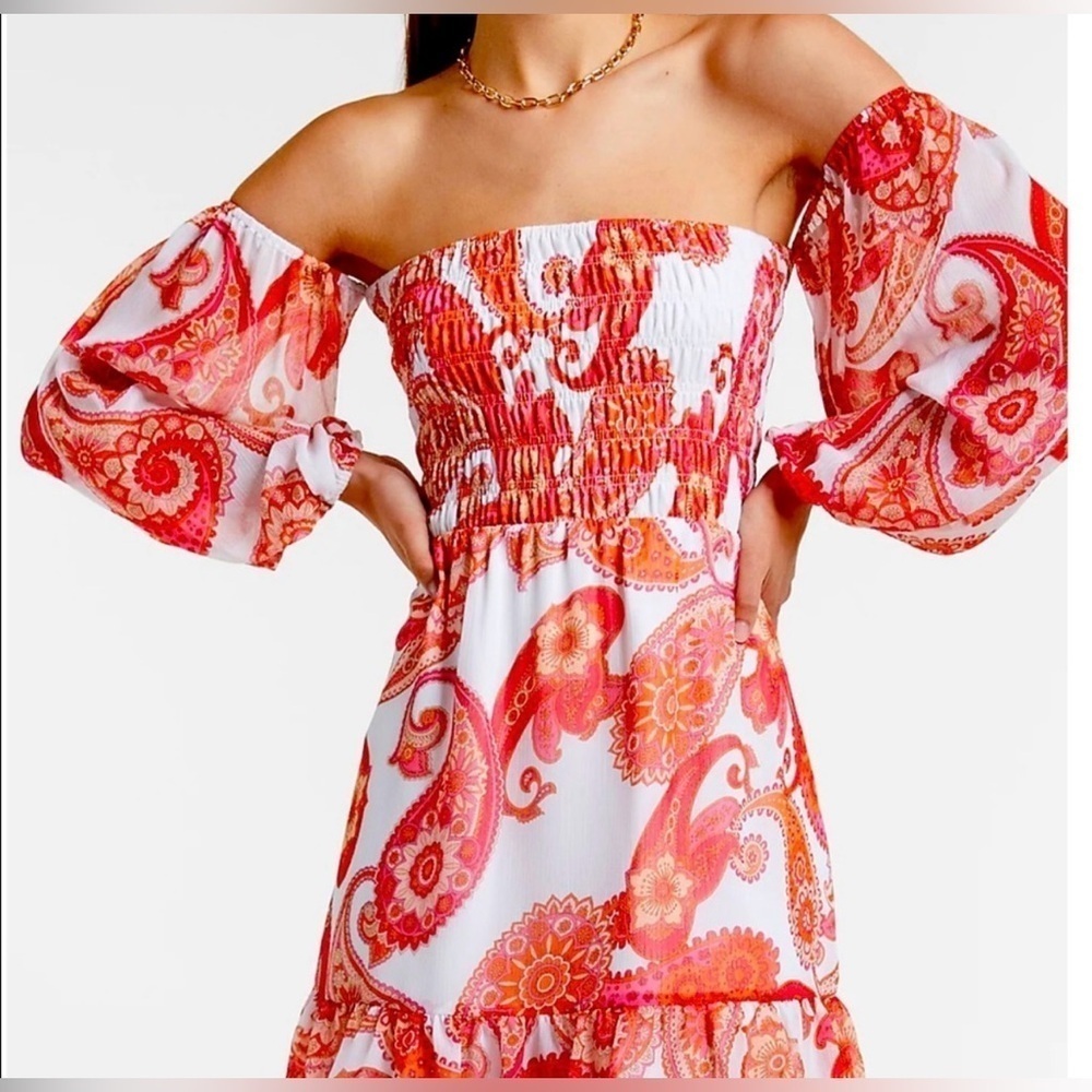 NWT Expresss Daisy Off The shou , smocked bodice, ruffle hem, spring, summer